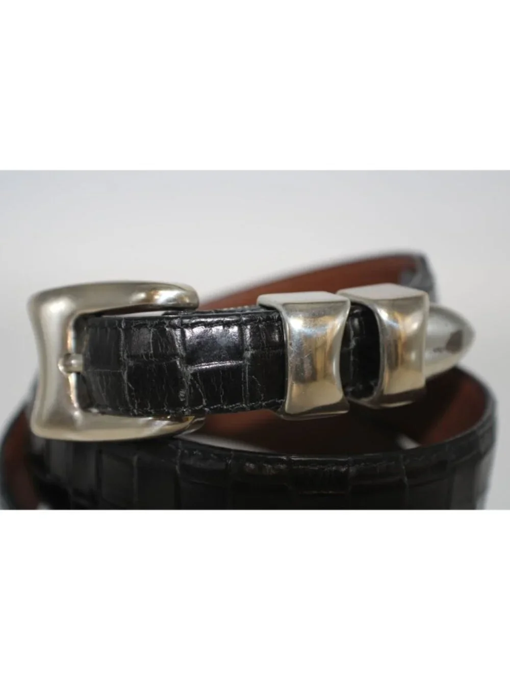 Onyx Brighton Black Leather Belt Size 40 Silver Buckle Croc Style Print USA Made